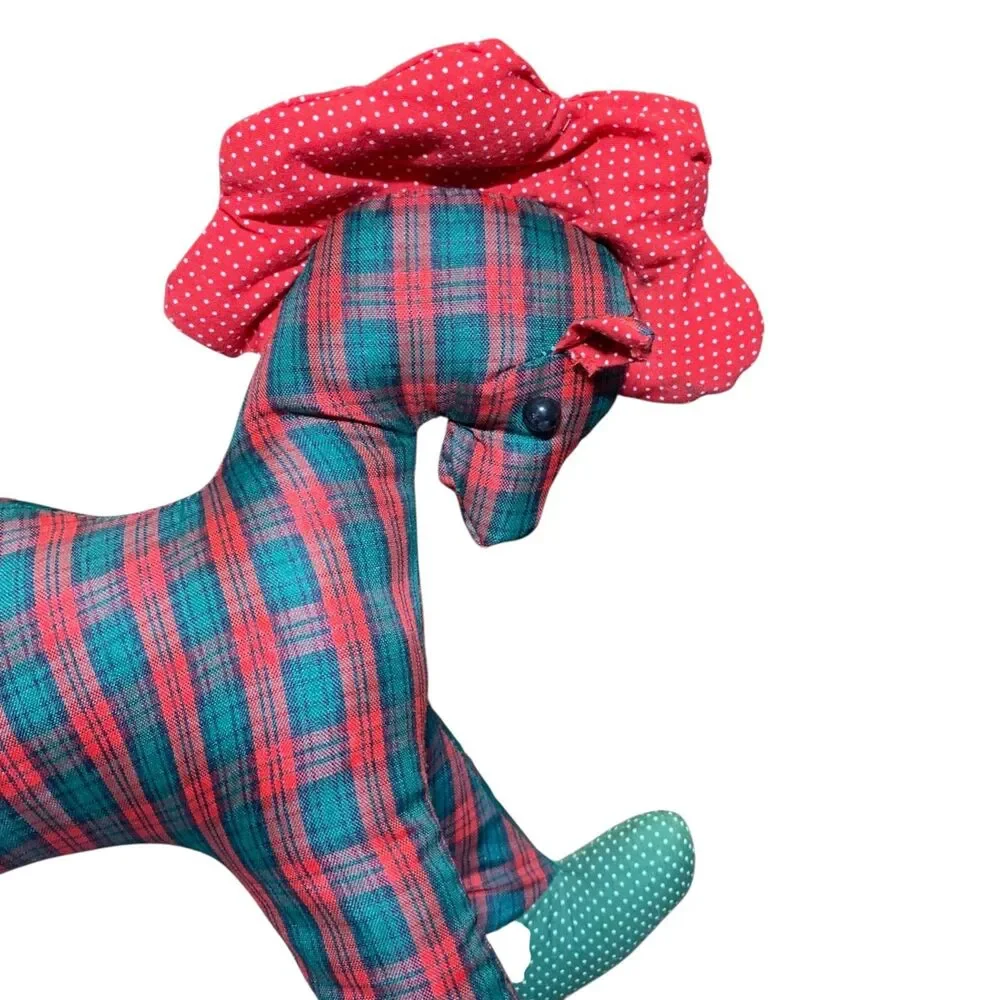 Vintage Handmade Red Green Plaid Rocking Horse Plush Christmas Holiday Stuffed